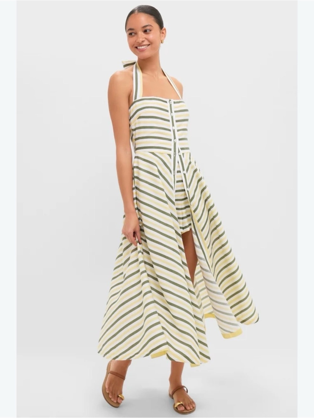 Tuckernuck Striped Halter Midi Dress in Olive Green & White